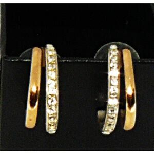 Vintage Gold & Silver-Tone Clear Crystal Pave Double Half Hoop Post Earrings